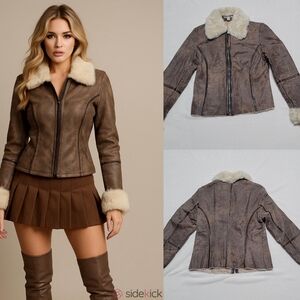Y2K Vintage Express Distressed Brown Leather Faux Shearling Aviator Jacket 10